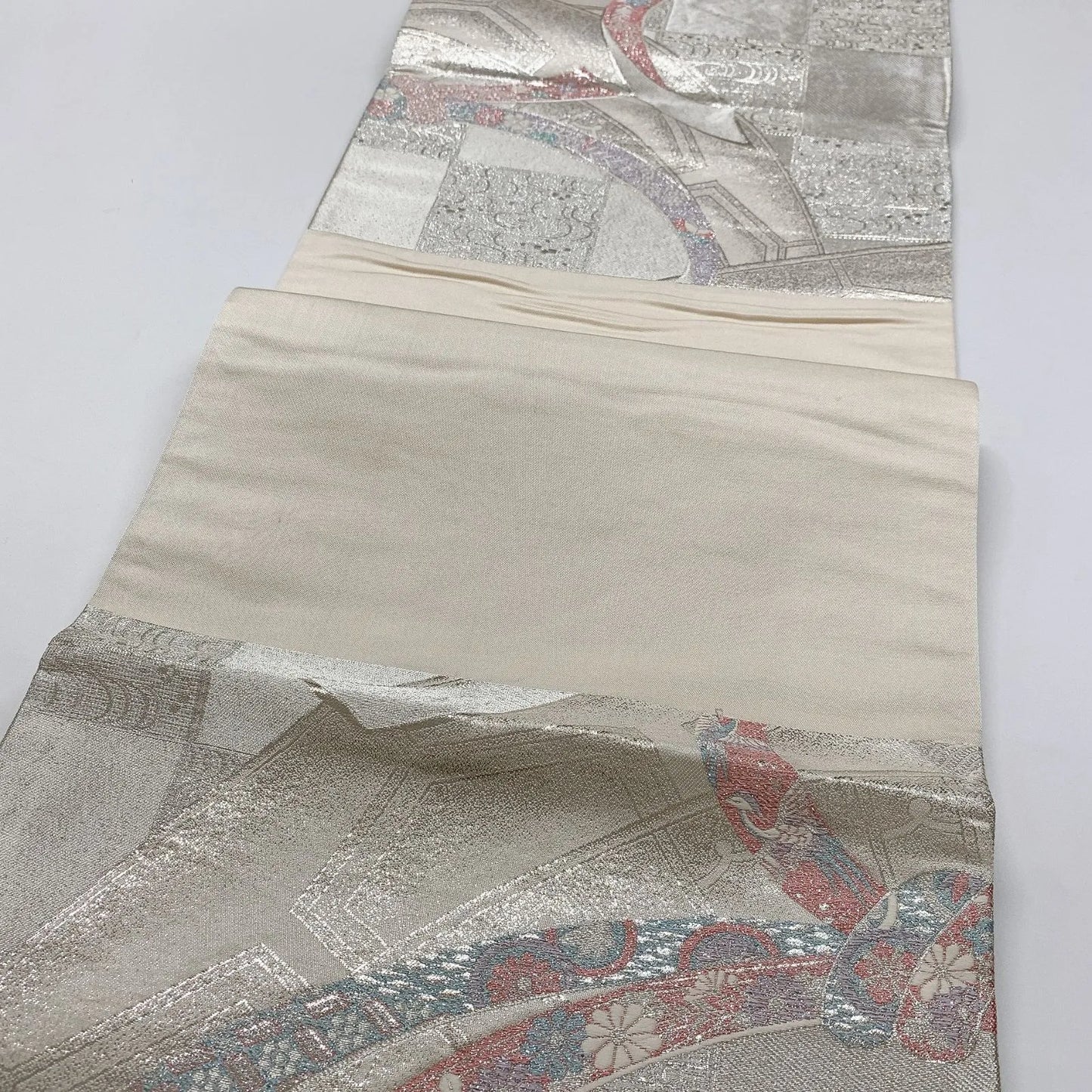 6823# Japanese Vintage Fukuro Obi Belt Kimono Fabric Silk Traditional Silver