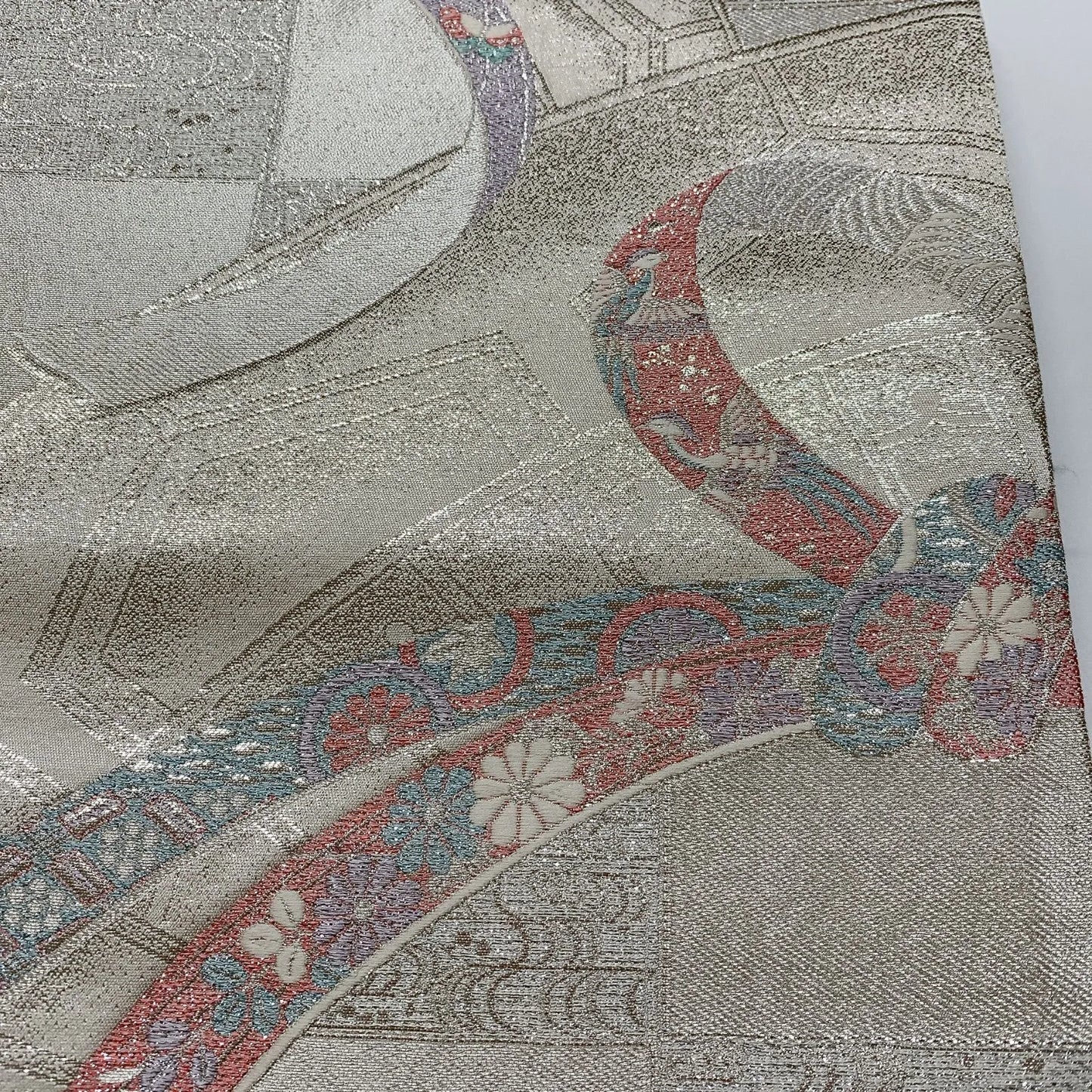 6823# Japanese Vintage Fukuro Obi Belt Kimono Fabric Silk Traditional Silver