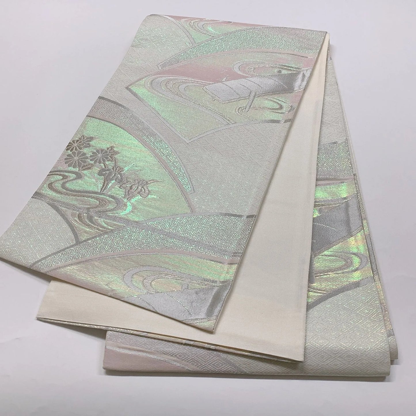 6829# Japanese Vintage Fukuro Obi Belt Kimono Fabric Silk Traditional Silver