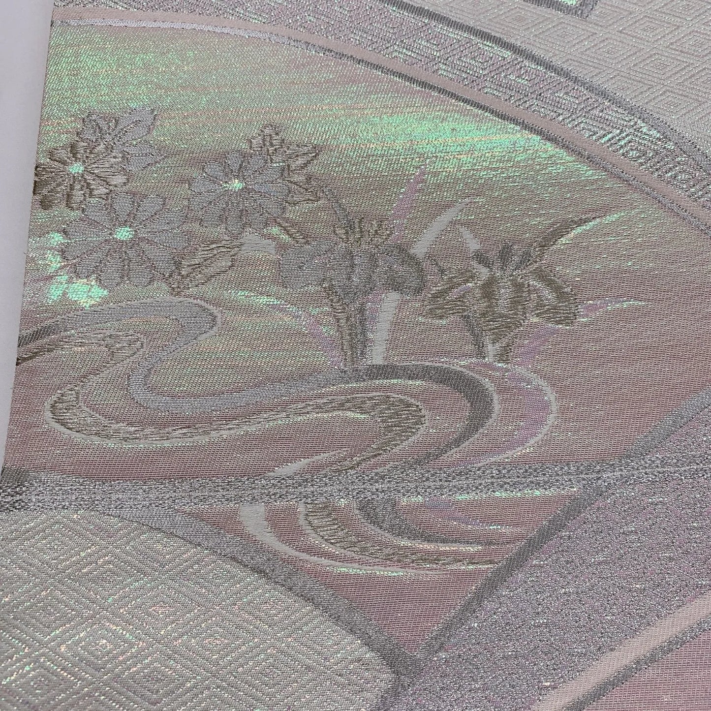 6829# Japanese Vintage Fukuro Obi Belt Kimono Fabric Silk Traditional Silver