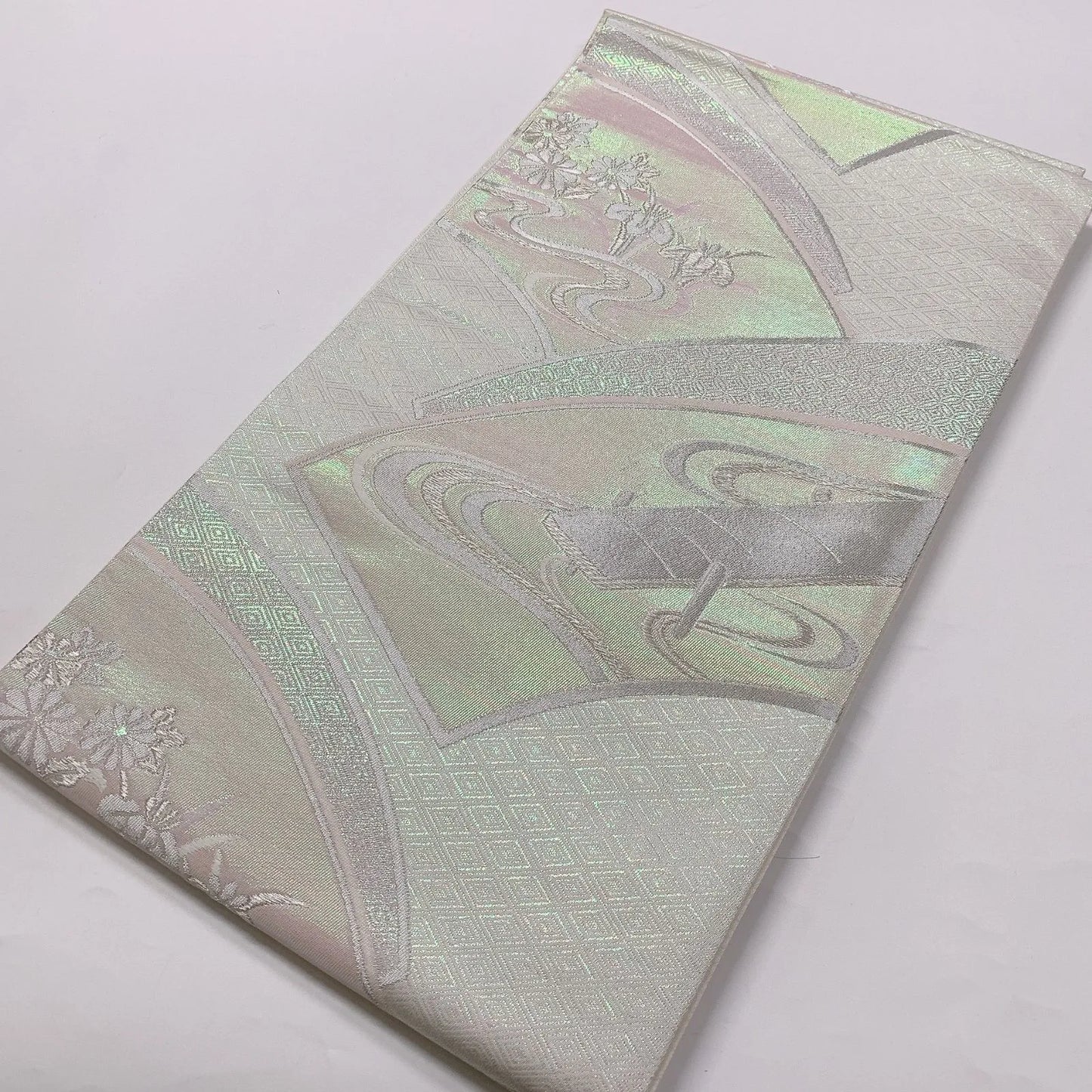 6829# Japanese Vintage Fukuro Obi Belt Kimono Fabric Silk Traditional Silver