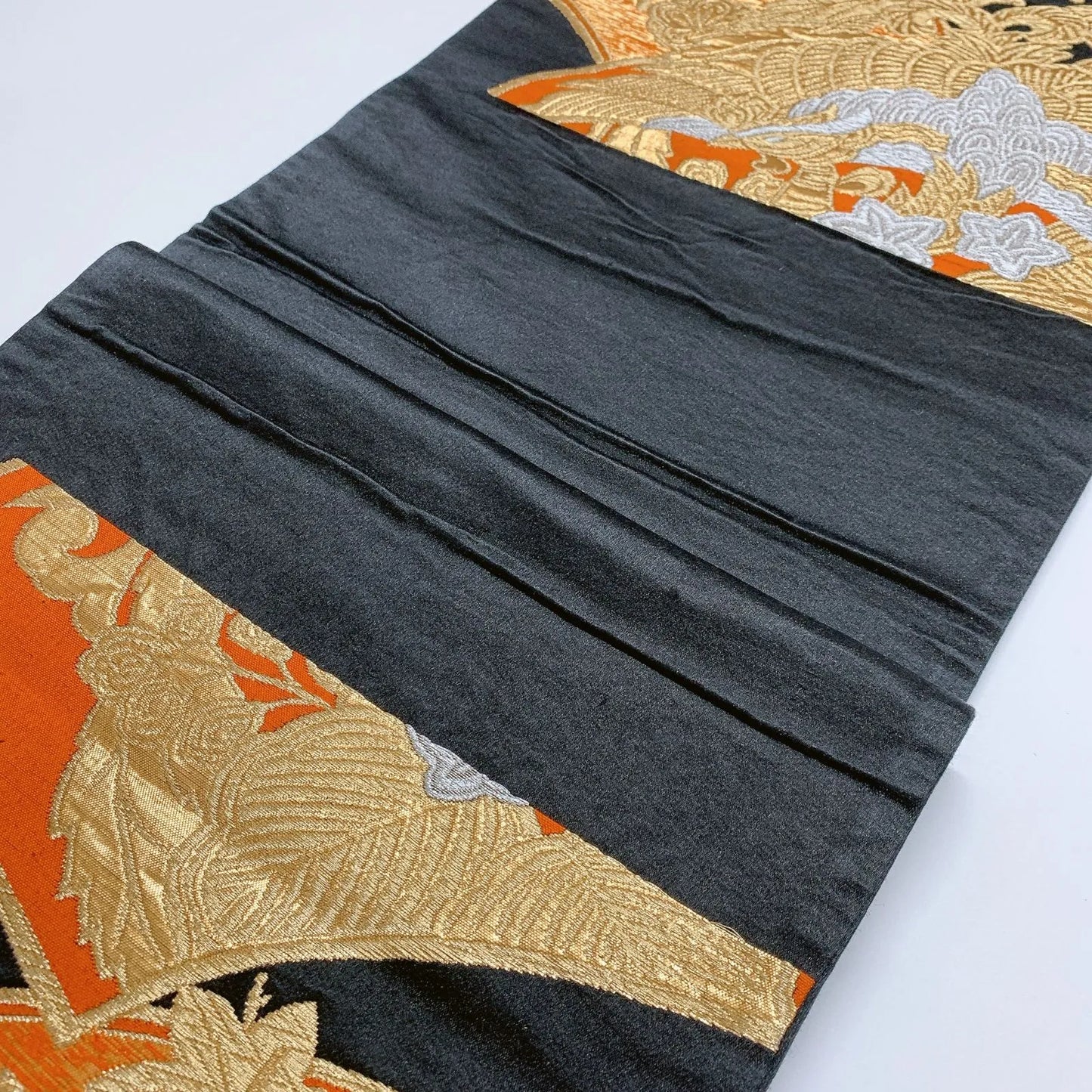 6837# Japanese Vintage Fukuro Obi Belt Kimono Fabric Silk Traditional Black