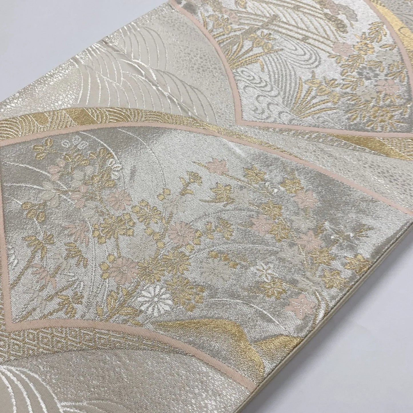 6839# Japanese Vintage Fukuro Obi Belt Kimono Fabric Silk Traditional Silver