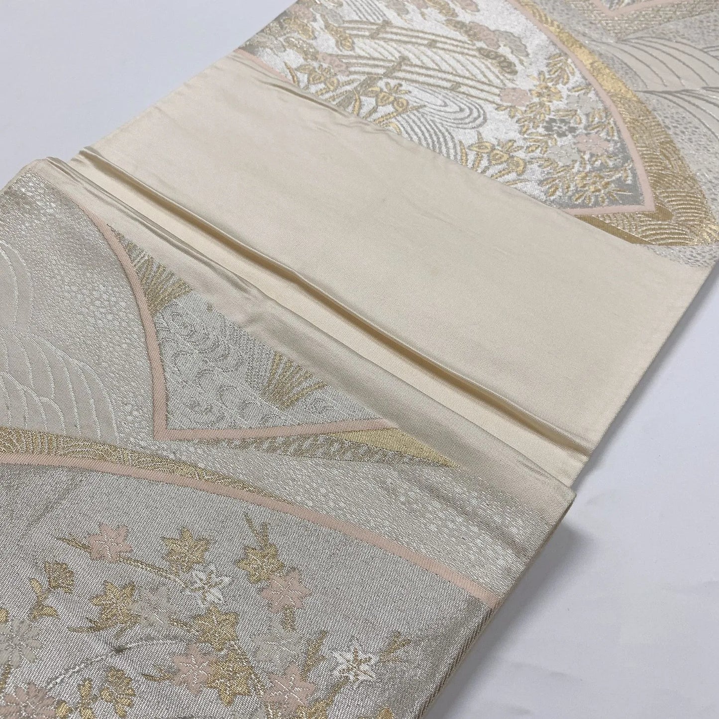 6839# Japanese Vintage Fukuro Obi Belt Kimono Fabric Silk Traditional Silver