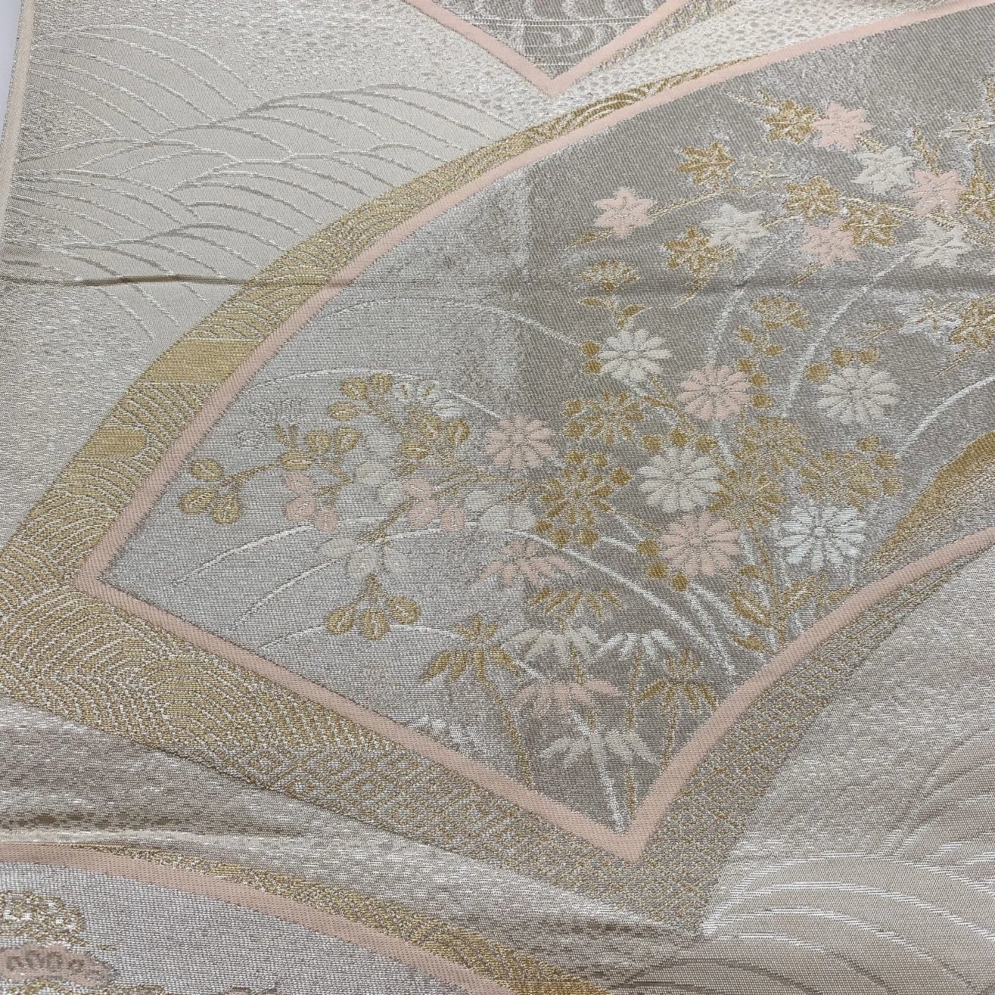 6839# Japanese Vintage Fukuro Obi Belt Kimono Fabric Silk Traditional Silver