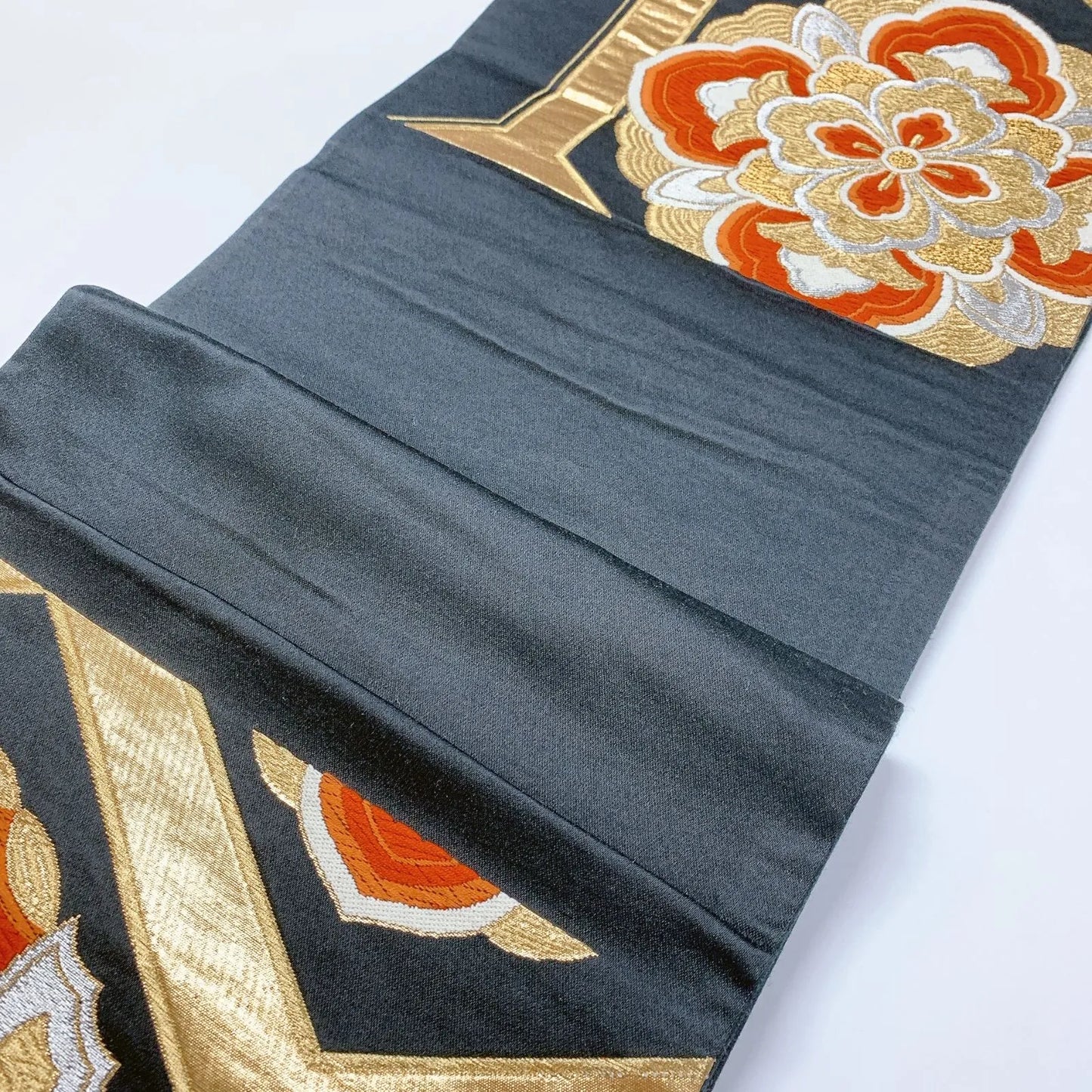 6846# Japanese Vintage Fukuro Obi Belt Kimono Fabric Silk Traditional Black　