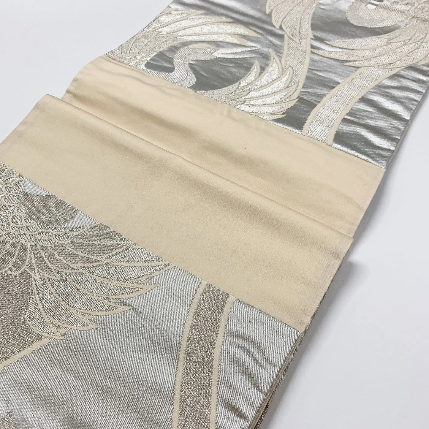 6848# Japanese Vintage Fukuro Obi Belt Kimono Fabric Silk Traditional Silver