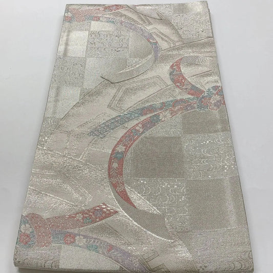 6823# Japanese Vintage Fukuro Obi Belt Kimono Fabric Silk Traditional Silver