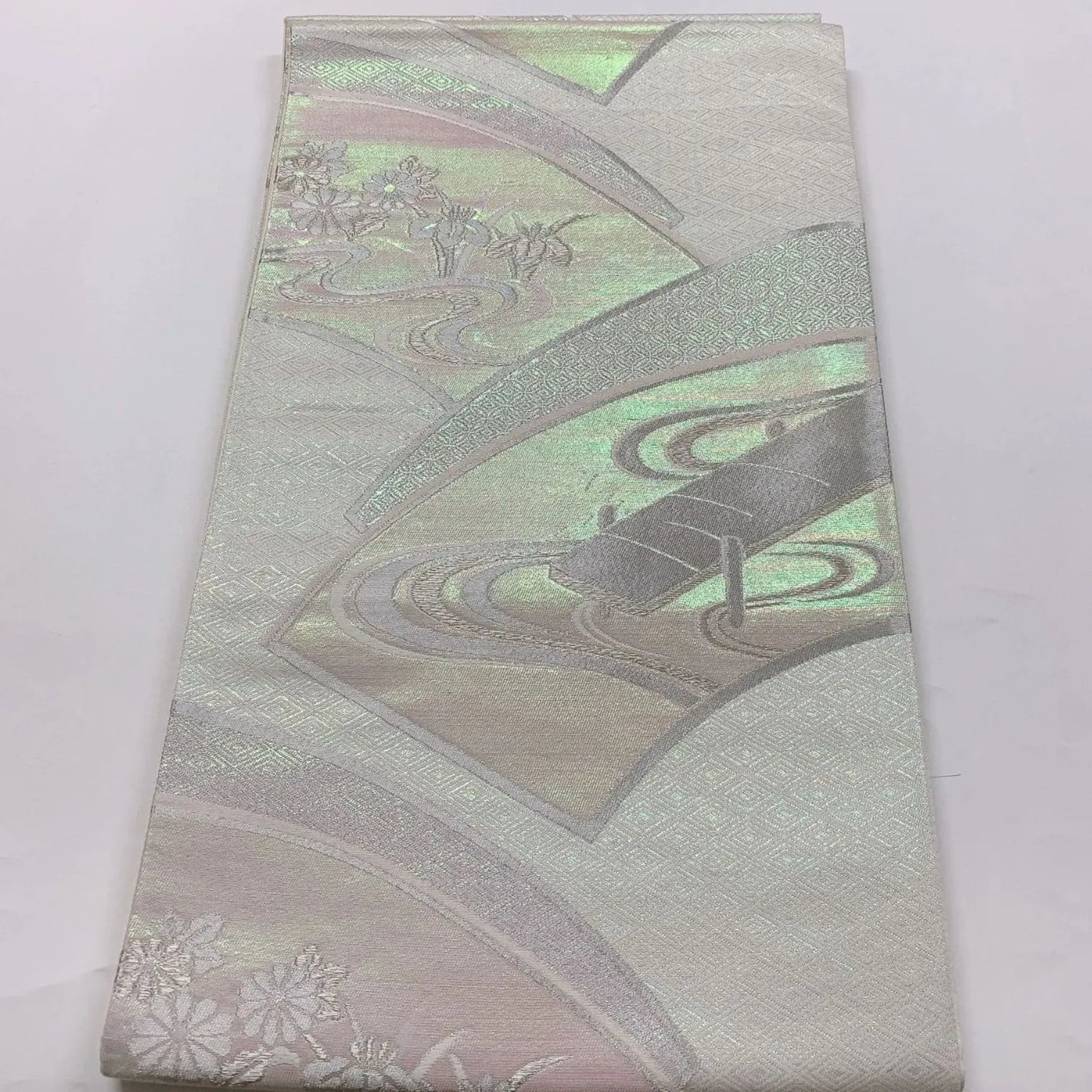 6829# Japanese Vintage Fukuro Obi Belt Kimono Fabric Silk Traditional Silver