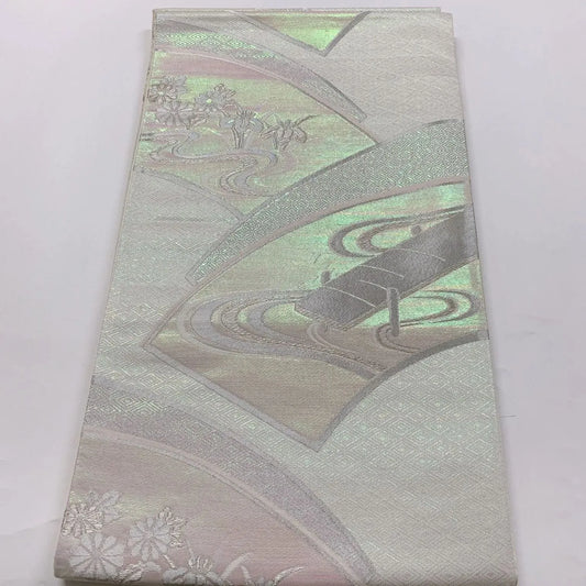 6829# Japanese Vintage Fukuro Obi Belt Kimono Fabric Silk Traditional Silver