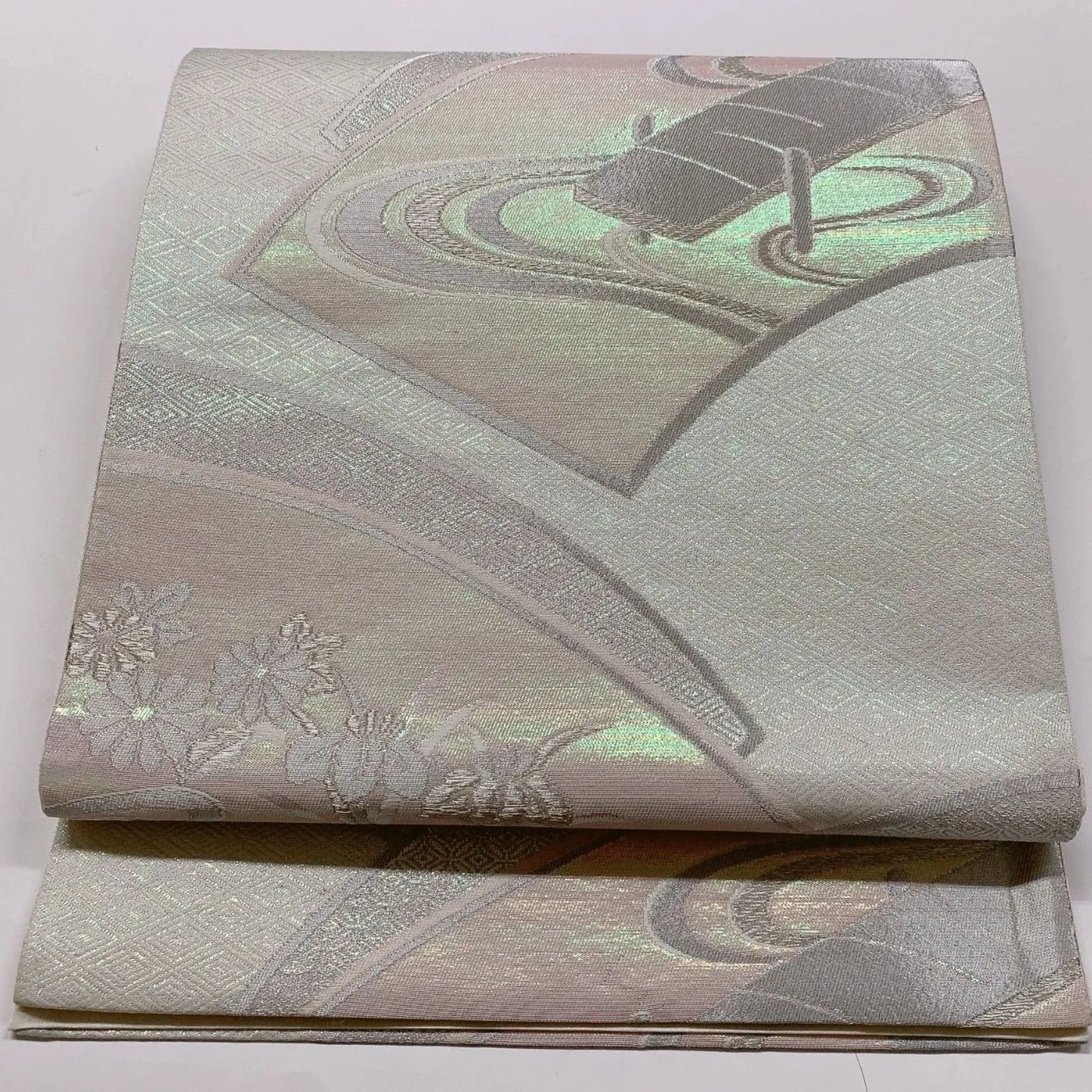 6829# Japanese Vintage Fukuro Obi Belt Kimono Fabric Silk Traditional Silver