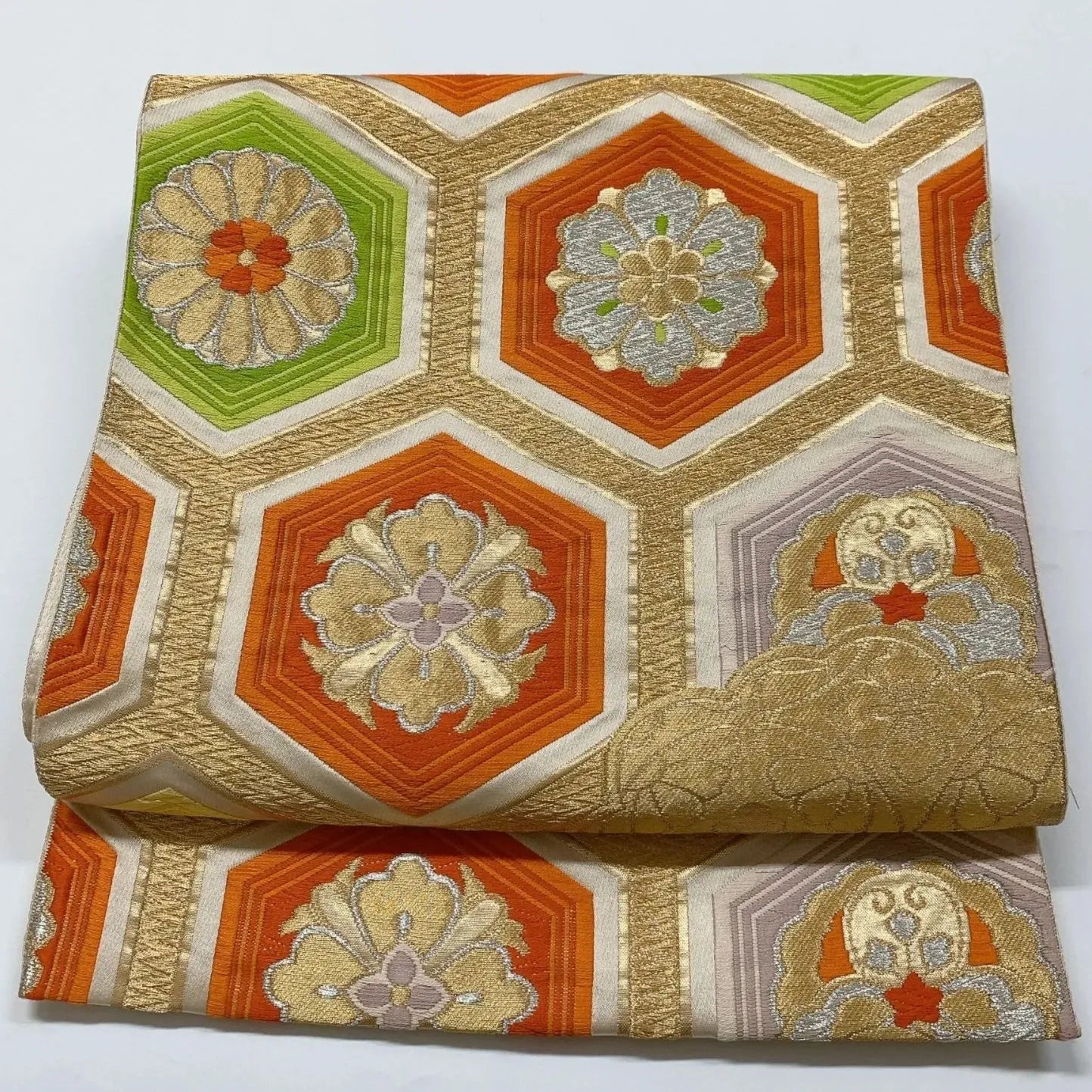 6836# Japanese Vintage Fukuro Obi Belt Kimono Fabric Silk Traditional Gold