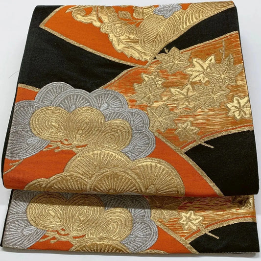 6837# Japanese Vintage Fukuro Obi Belt Kimono Fabric Silk Traditional Black
