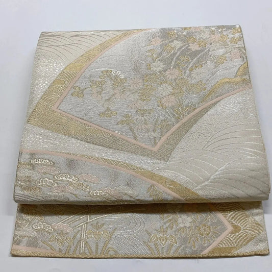 6839# Japanese Vintage Fukuro Obi Belt Kimono Fabric Silk Traditional Silver