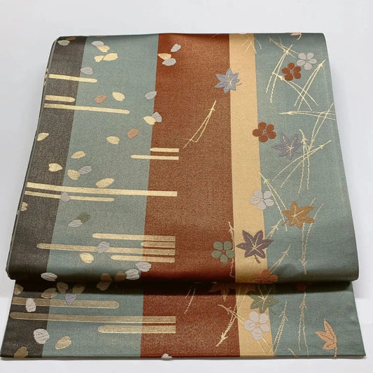 6843# Japanese Vintage Fukuro Obi Belt Kimono Fabric Silk Traditional Embroidery