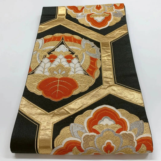 6846# Japanese Vintage Fukuro Obi Belt Kimono Fabric Silk Traditional Black　