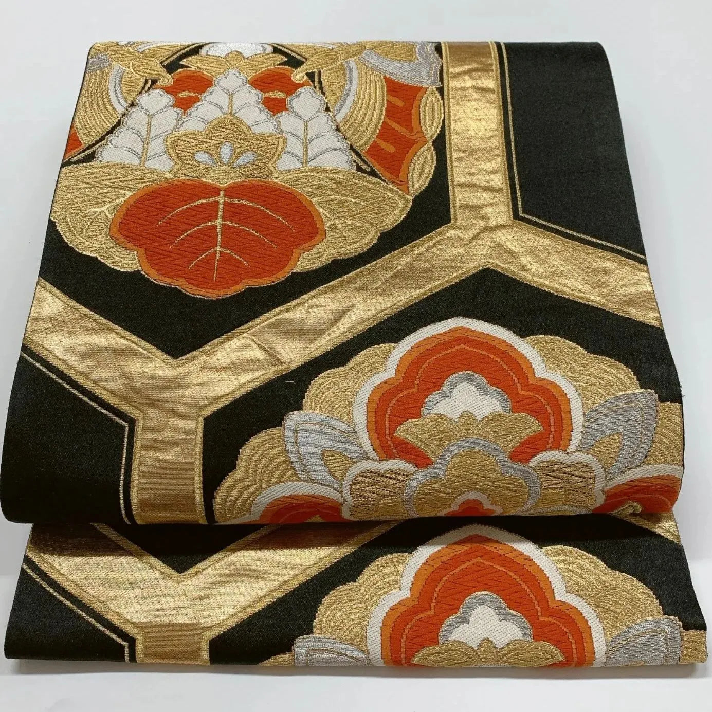 6846# Japanese Vintage Fukuro Obi Belt Kimono Fabric Silk Traditional Black　