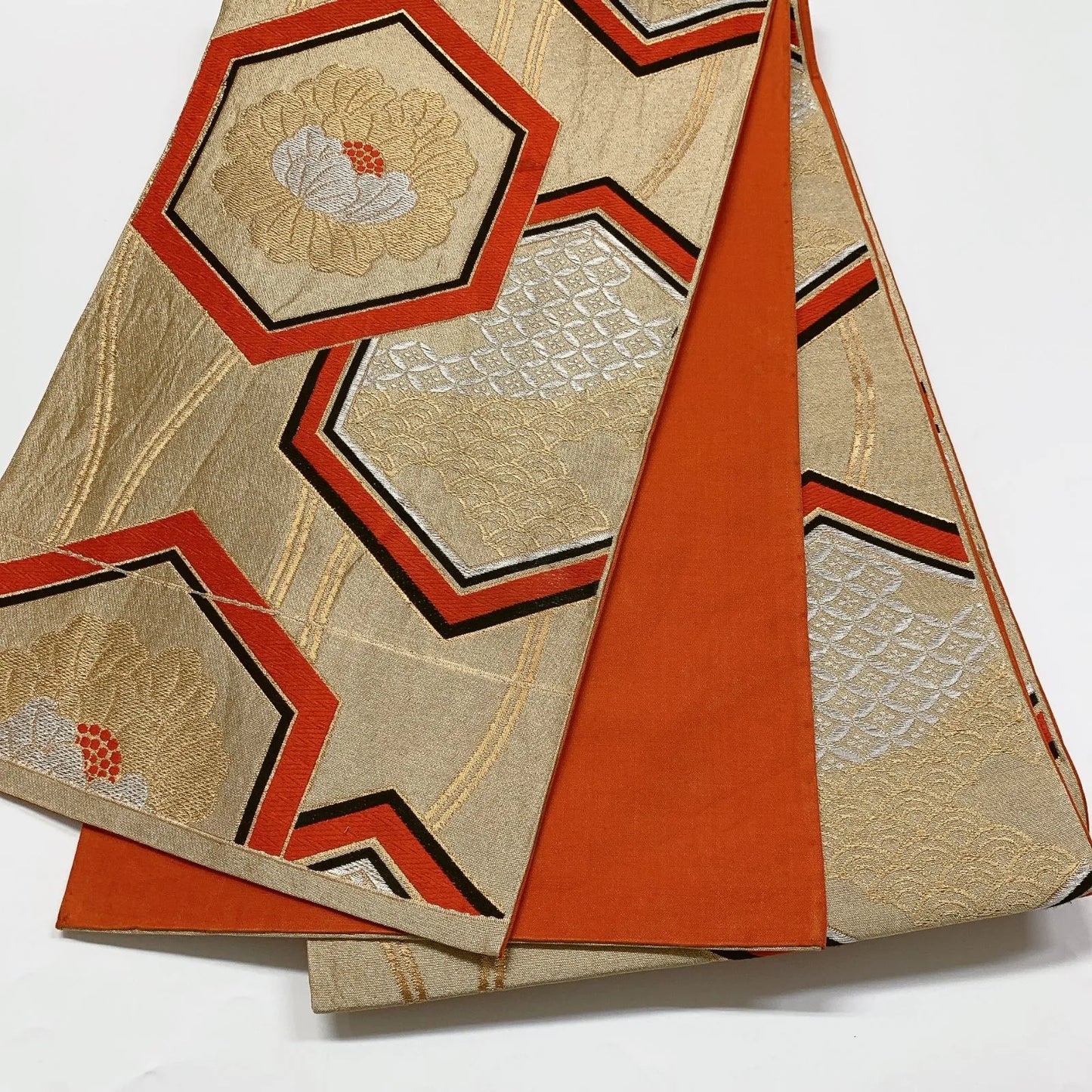 6862# Japanese Vintage Fukuro Obi Belt Kimono Fabric Silk Traditional Gold