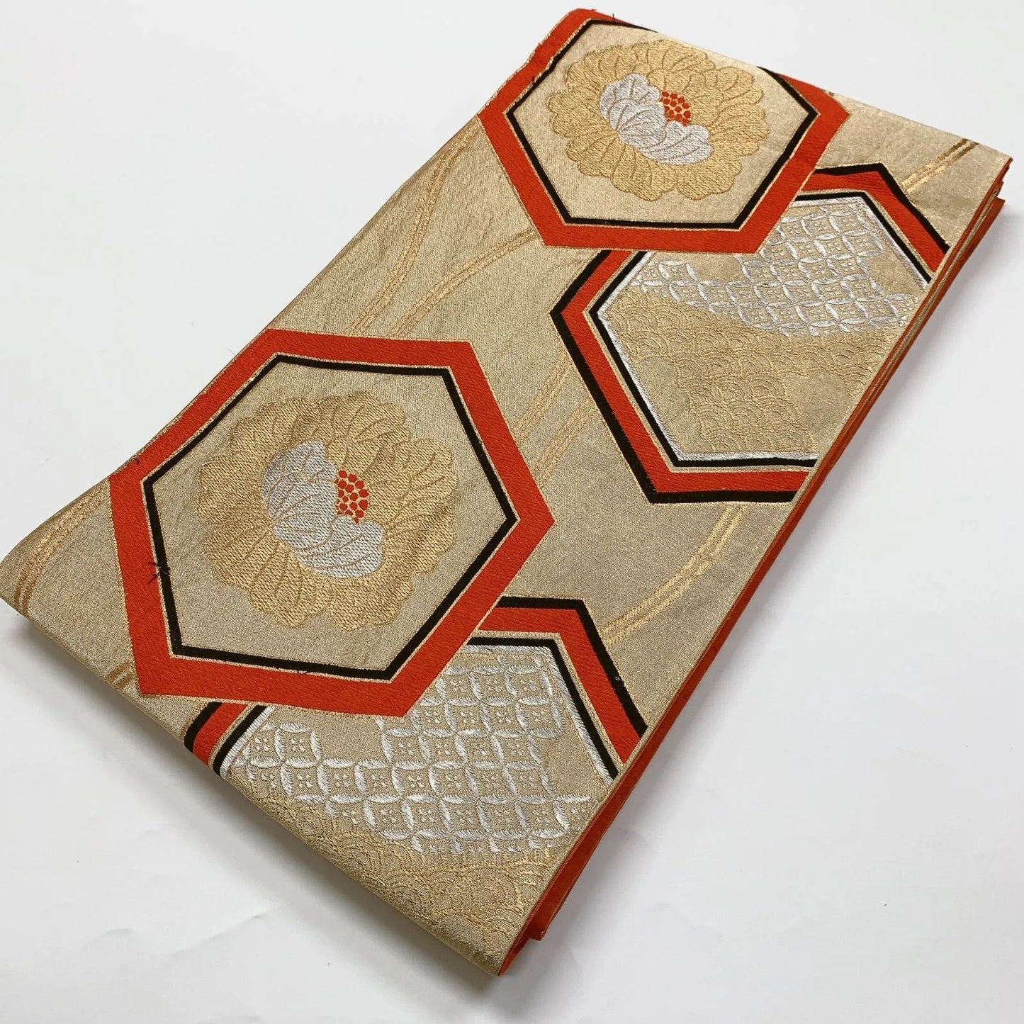 6862# Japanese Vintage Fukuro Obi Belt Kimono Fabric Silk Traditional Gold