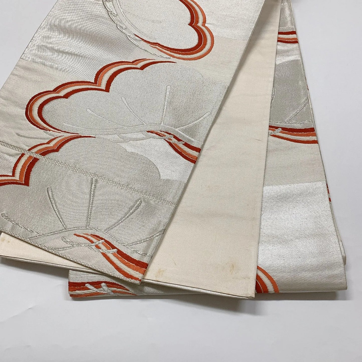 6865# Japanese Vintage Fukuro Obi Belt Kimono Fabric Silk Traditional Silver