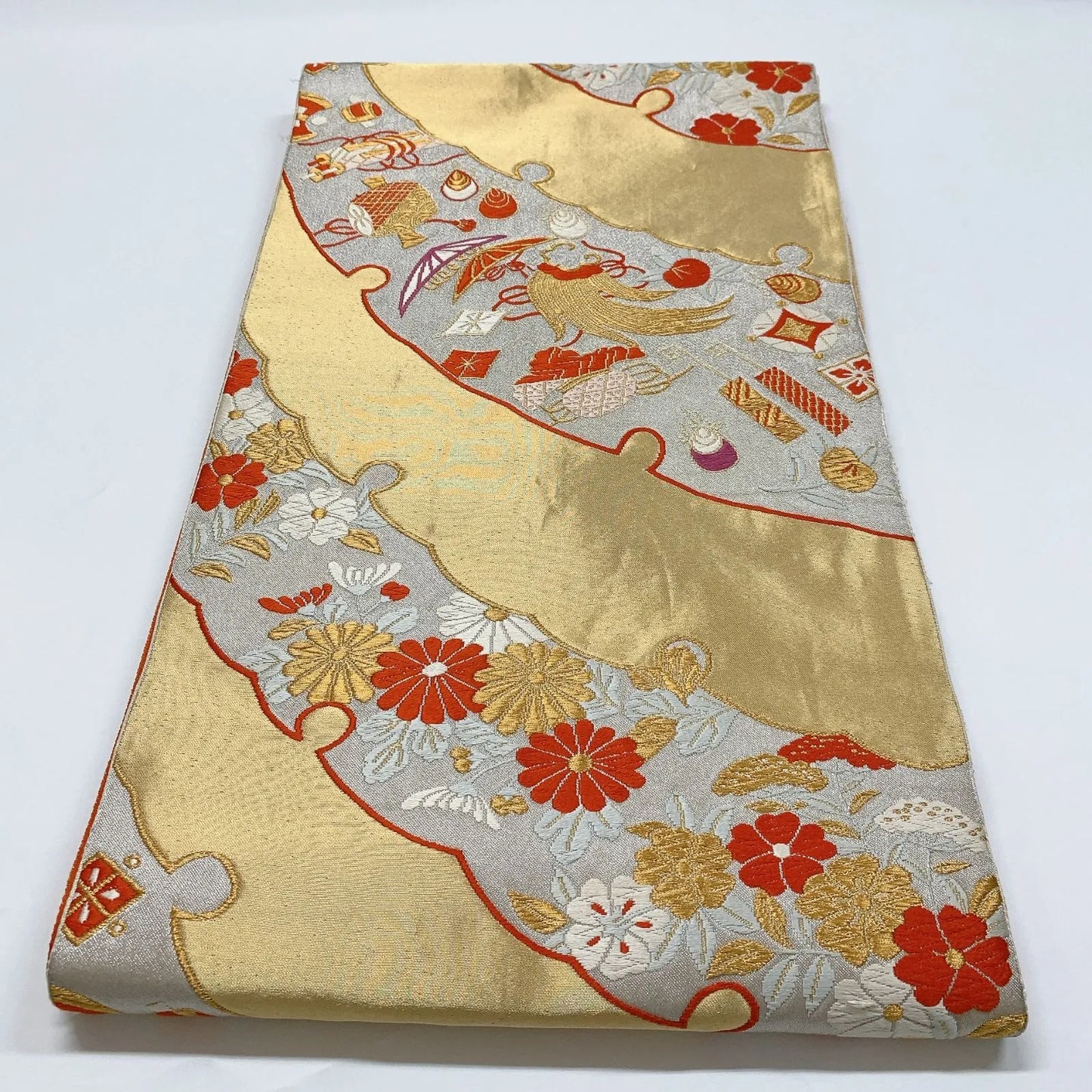 6866# Japanese Vintage Fukuro Obi Belt Kimono Fabric Silk Traditional Gold