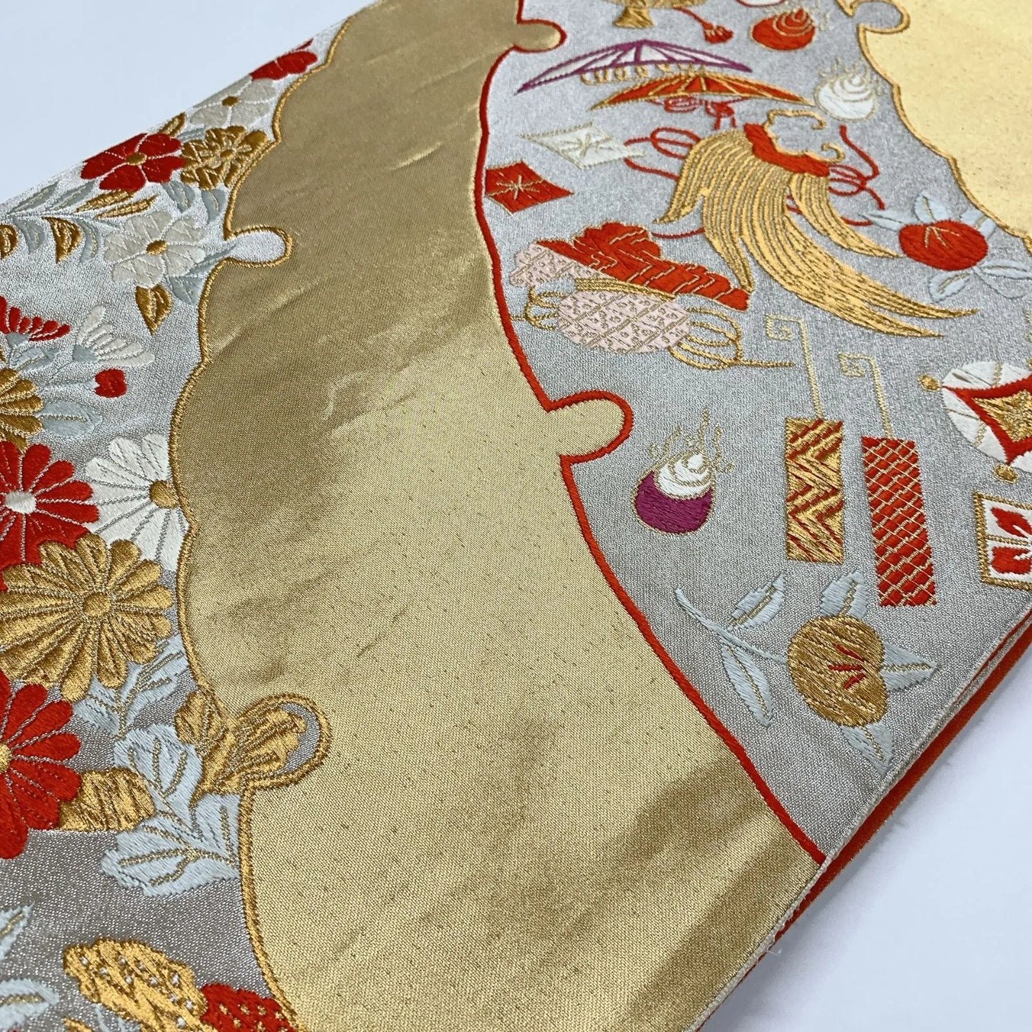 6866# Japanese Vintage Fukuro Obi Belt Kimono Fabric Silk Traditional Gold