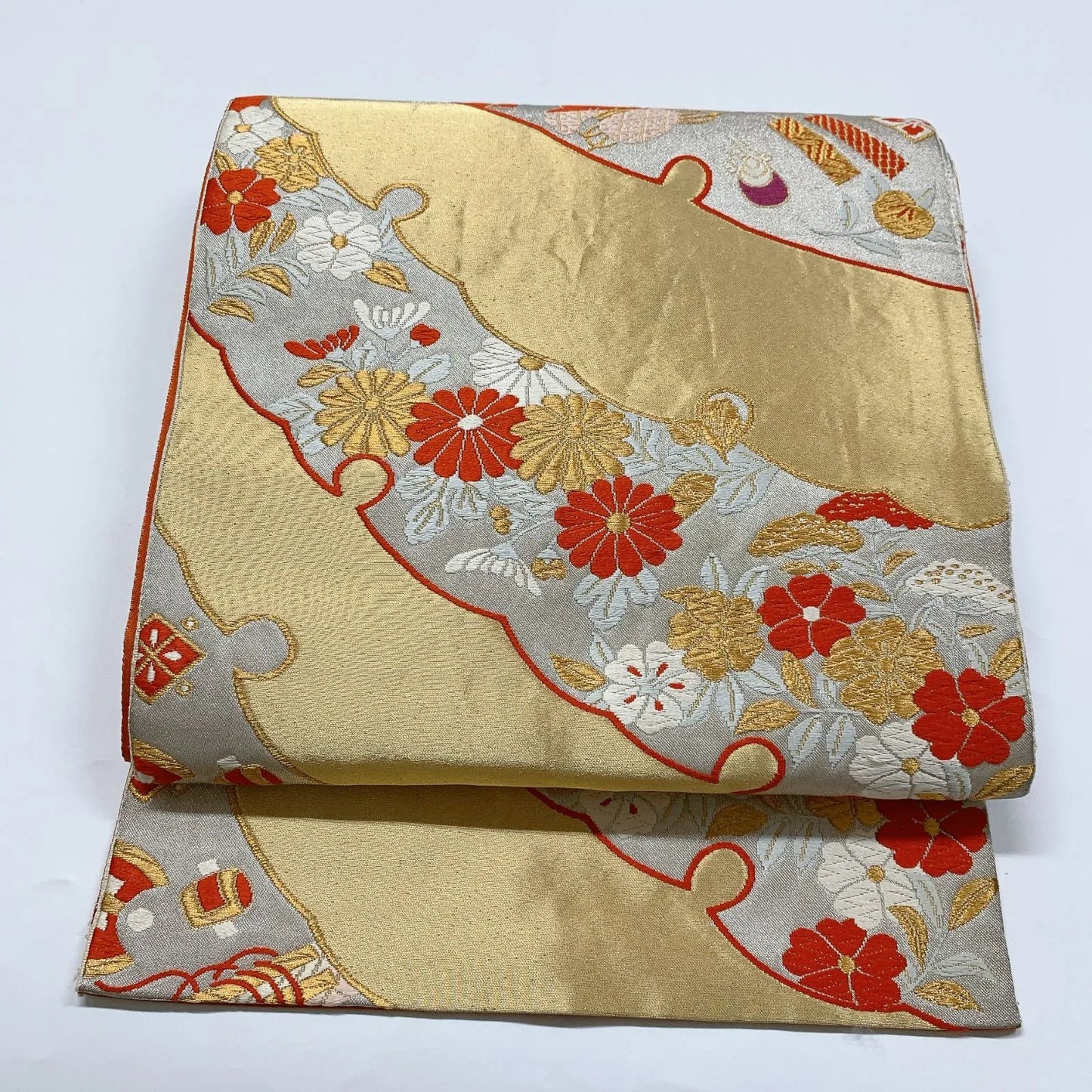 6866# Japanese Vintage Fukuro Obi Belt Kimono Fabric Silk Traditional Gold