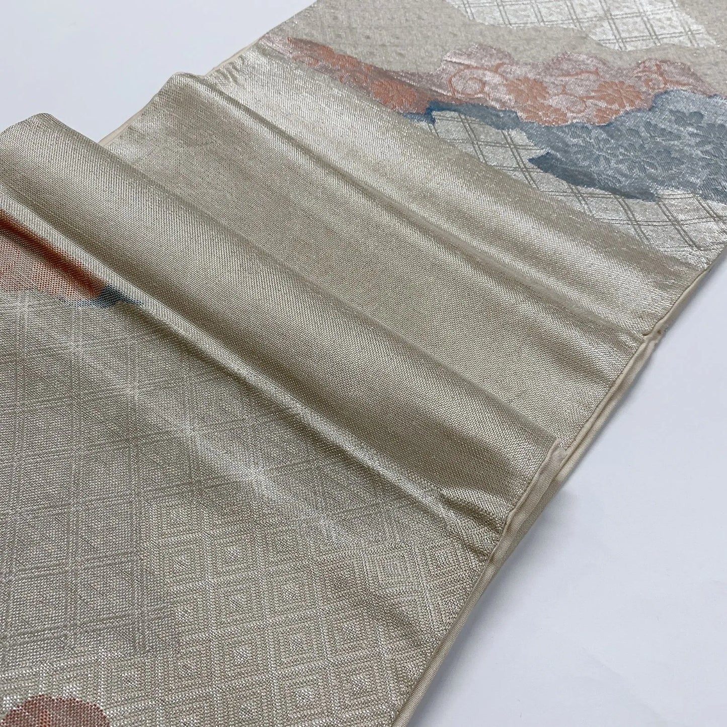 6873# Japanese Vintage Fukuro Obi Belt Kimono Fabric Silk Traditional Silver
