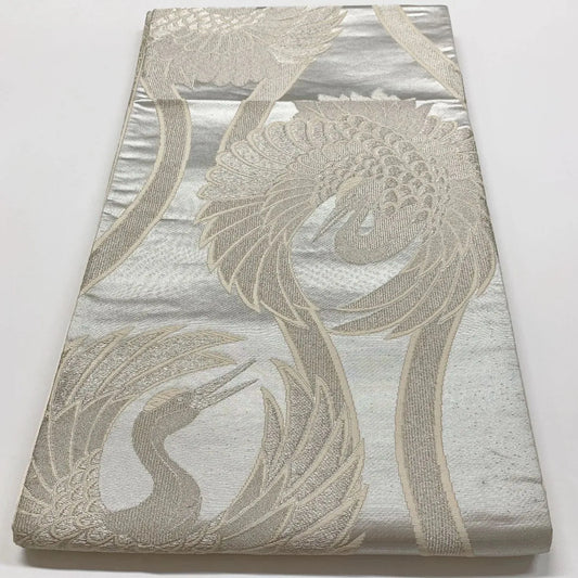 6848# Japanese Vintage Fukuro Obi Belt Kimono Fabric Silk Traditional Silver