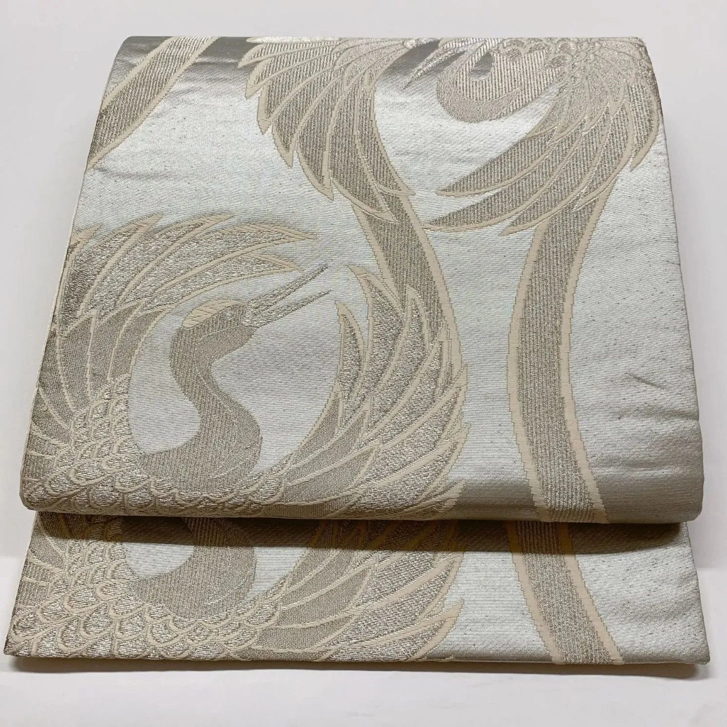 6848# Japanese Vintage Fukuro Obi Belt Kimono Fabric Silk Traditional Silver