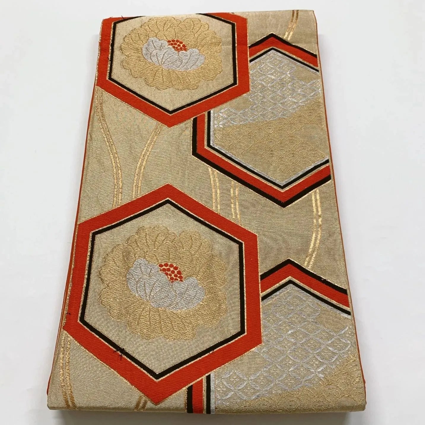 6862# Japanese Vintage Fukuro Obi Belt Kimono Fabric Silk Traditional Gold