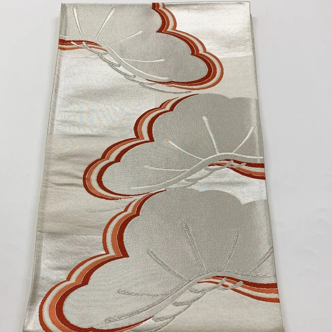 6865# Japanese Vintage Fukuro Obi Belt Kimono Fabric Silk Traditional Silver