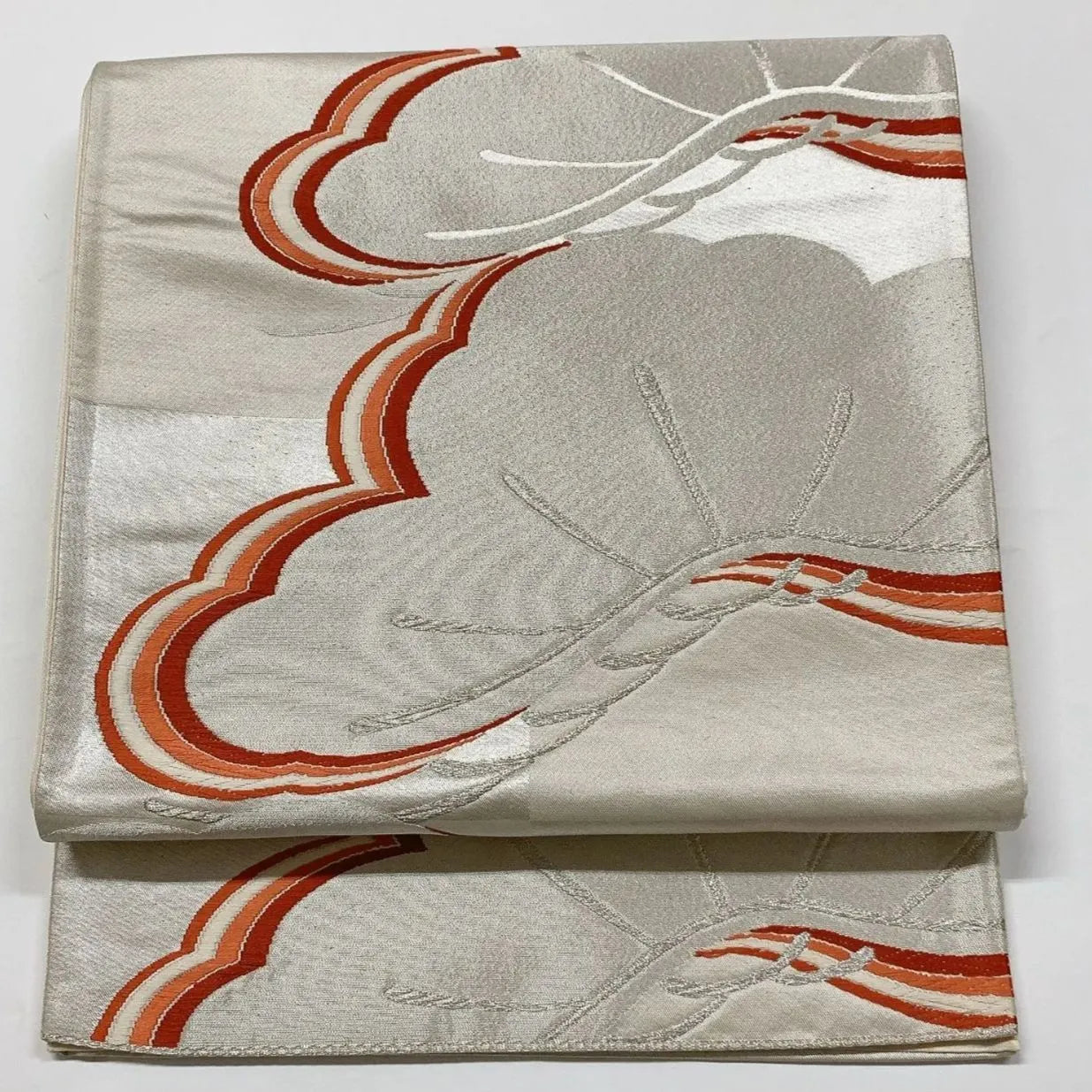 6865# Japanese Vintage Fukuro Obi Belt Kimono Fabric Silk Traditional Silver