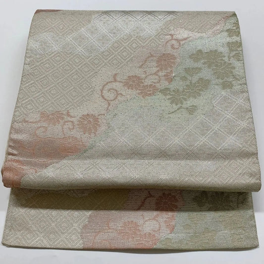 6873# Japanese Vintage Fukuro Obi Belt Kimono Fabric Silk Traditional Silver