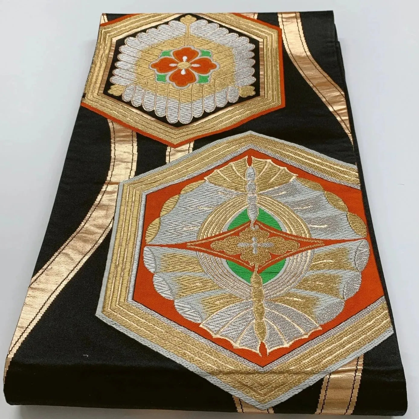 6877# Japanese Vintage Fukuro Obi Belt Kimono Fabric Silk Traditional Black