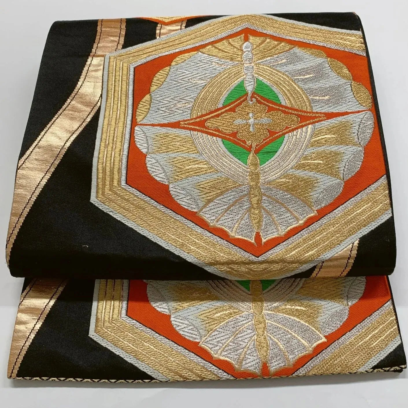 6877# Japanese Vintage Fukuro Obi Belt Kimono Fabric Silk Traditional Black