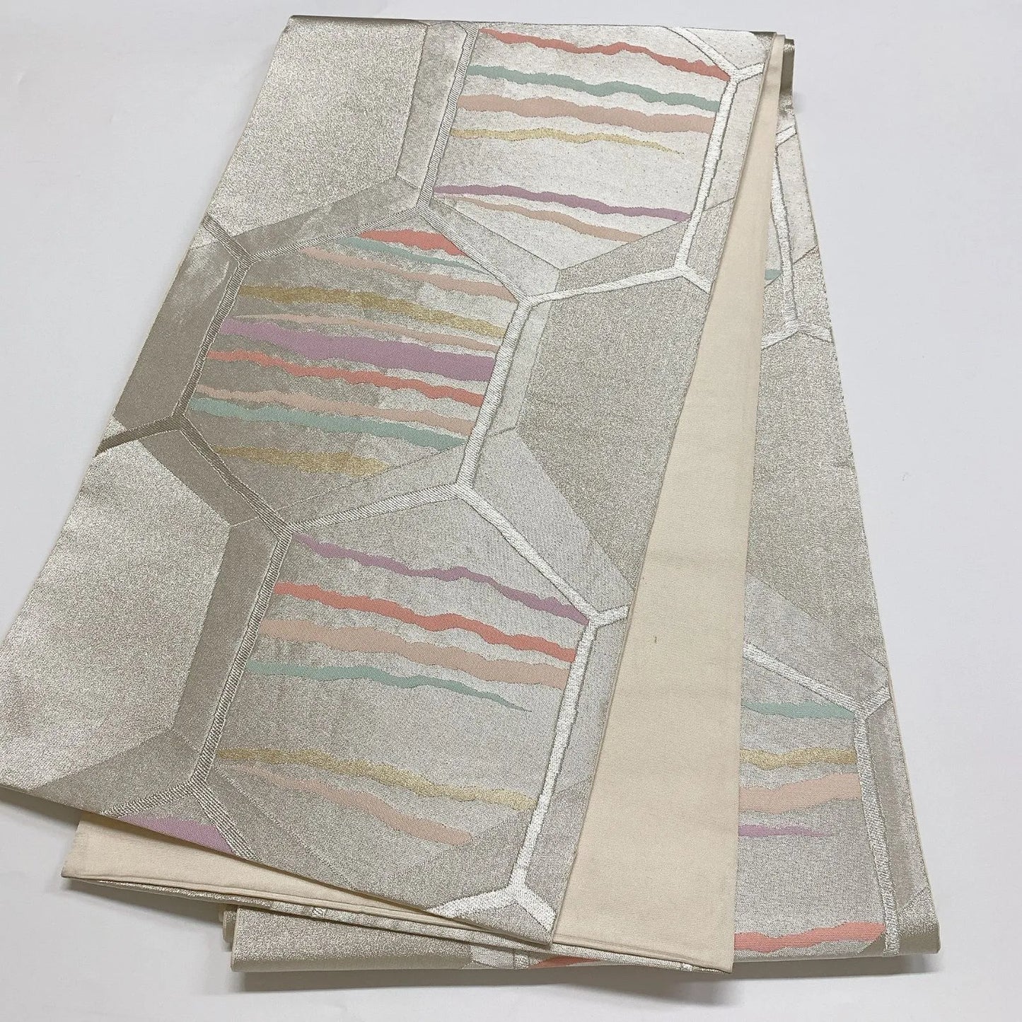 6882# Japanese Vintage Fukuro Obi Belt Kimono Fabric Silk Traditional Silver