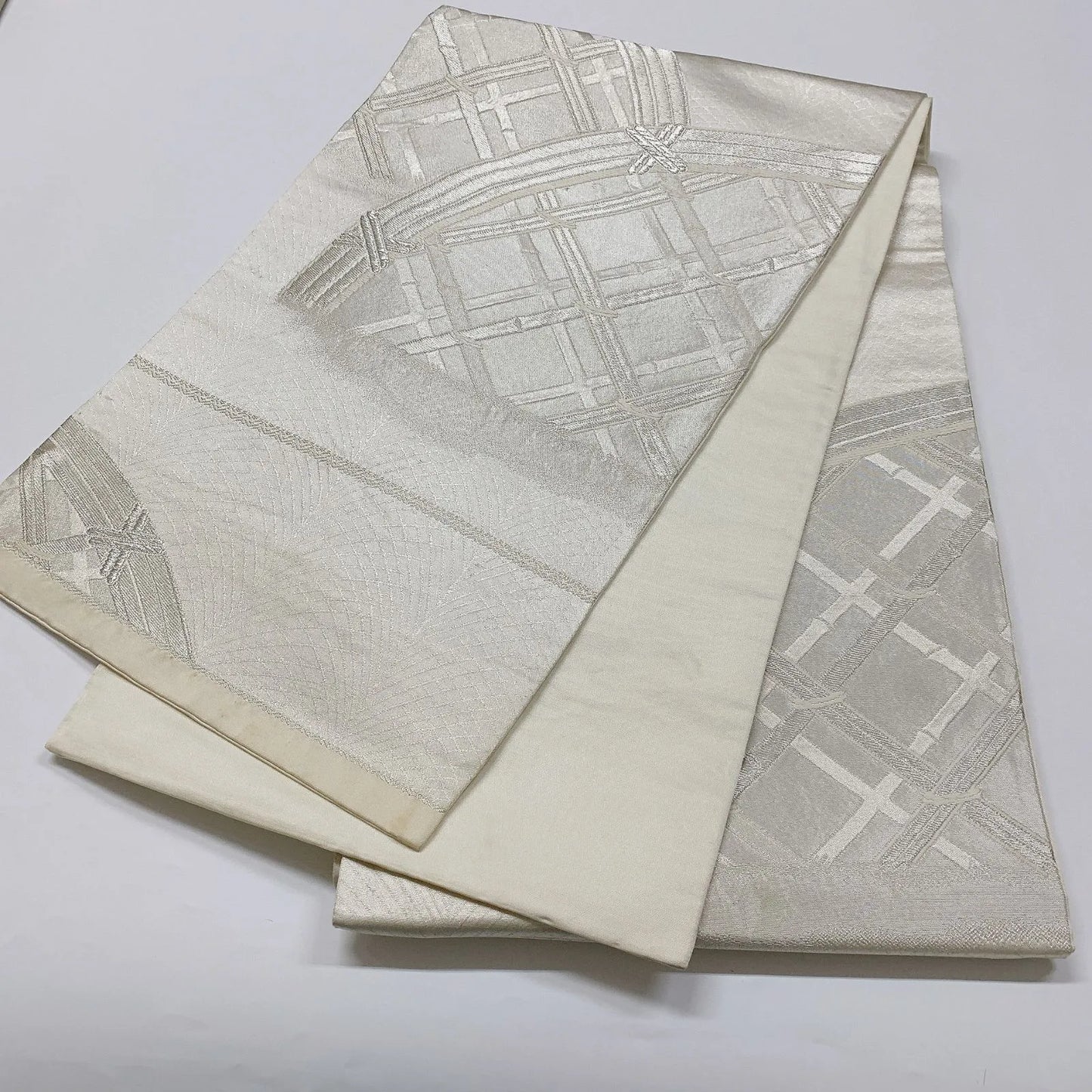 6894# Japanese Vintage Fukuro Obi Belt Kimono Fabric Silk Traditional Silver