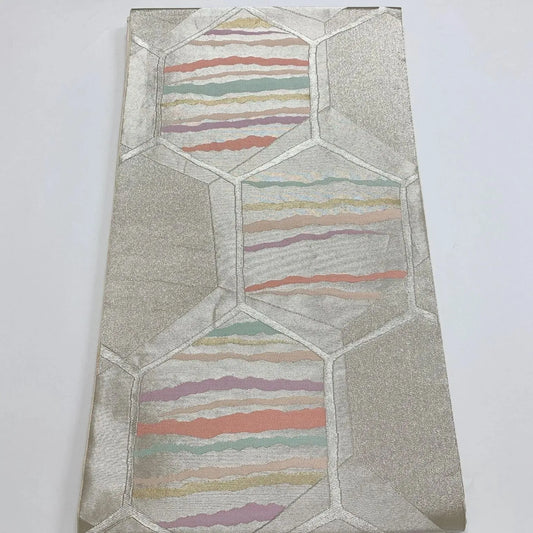 6882# Japanese Vintage Fukuro Obi Belt Kimono Fabric Silk Traditional Silver