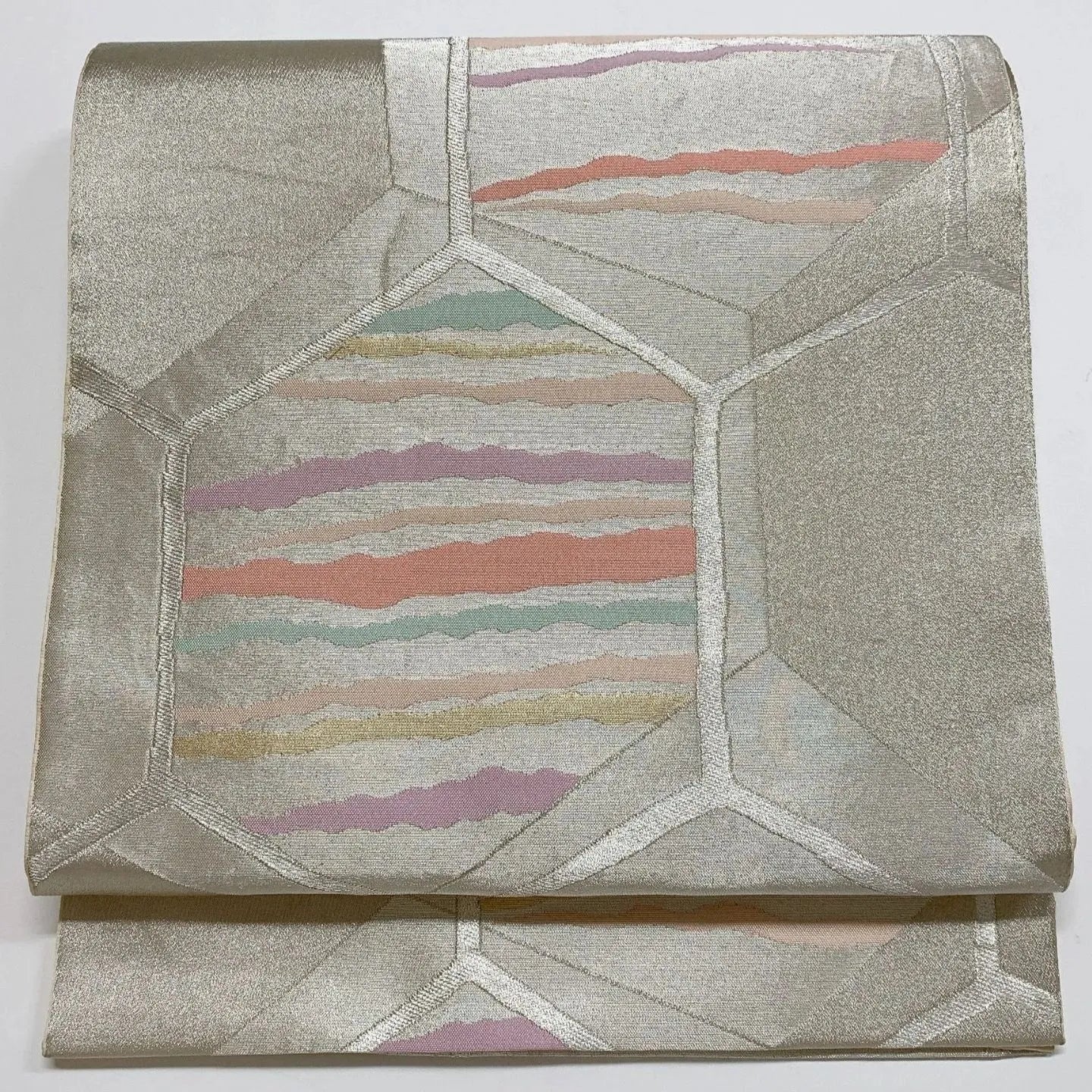 6882# Japanese Vintage Fukuro Obi Belt Kimono Fabric Silk Traditional Silver