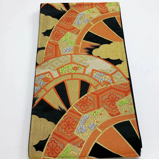 6893# Japanese Vintage Fukuro Obi Belt Kimono Fabric Silk Traditional Black