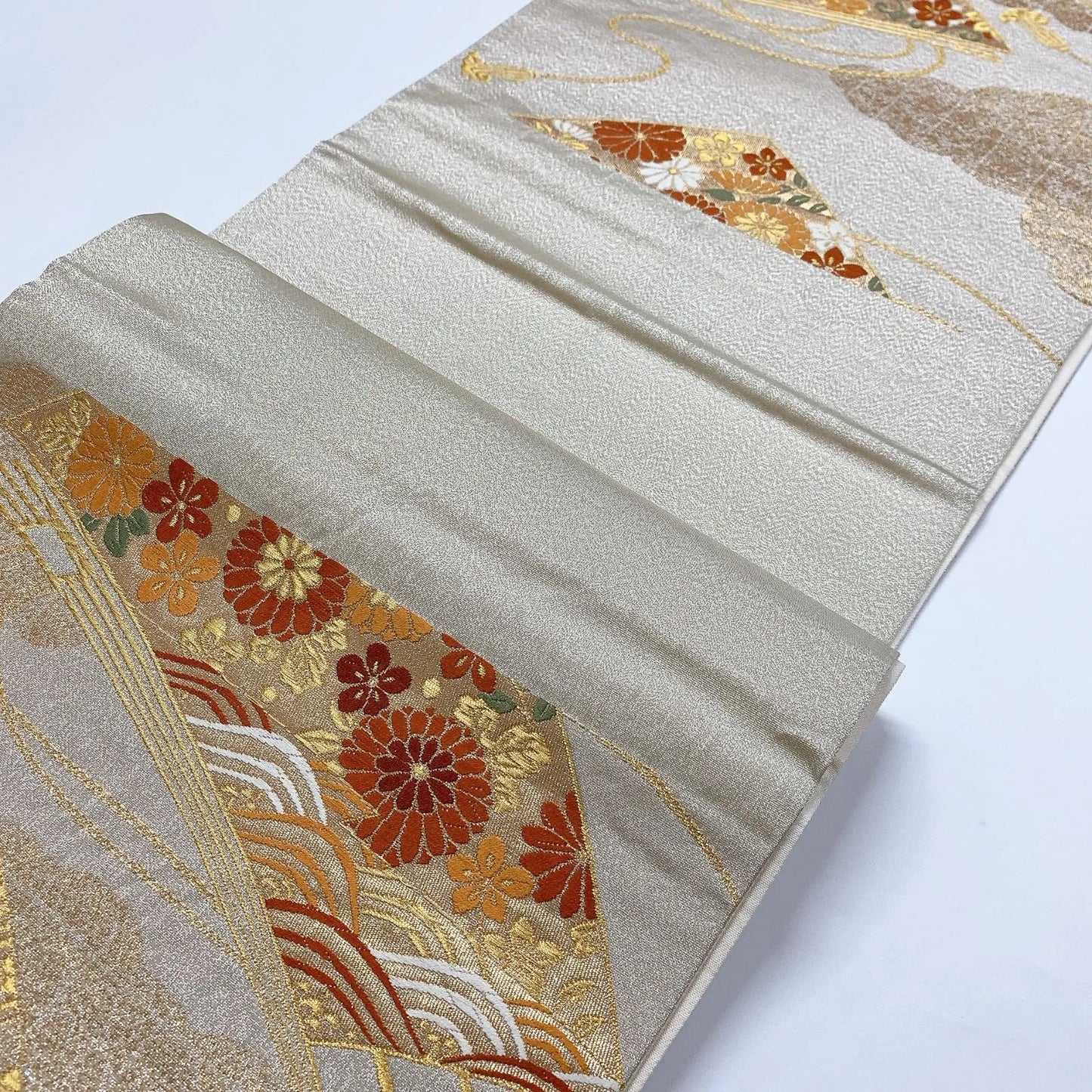 6908# Japanese Vintage Fukuro Obi Belt Kimono Fabric Silk Traditional Silver