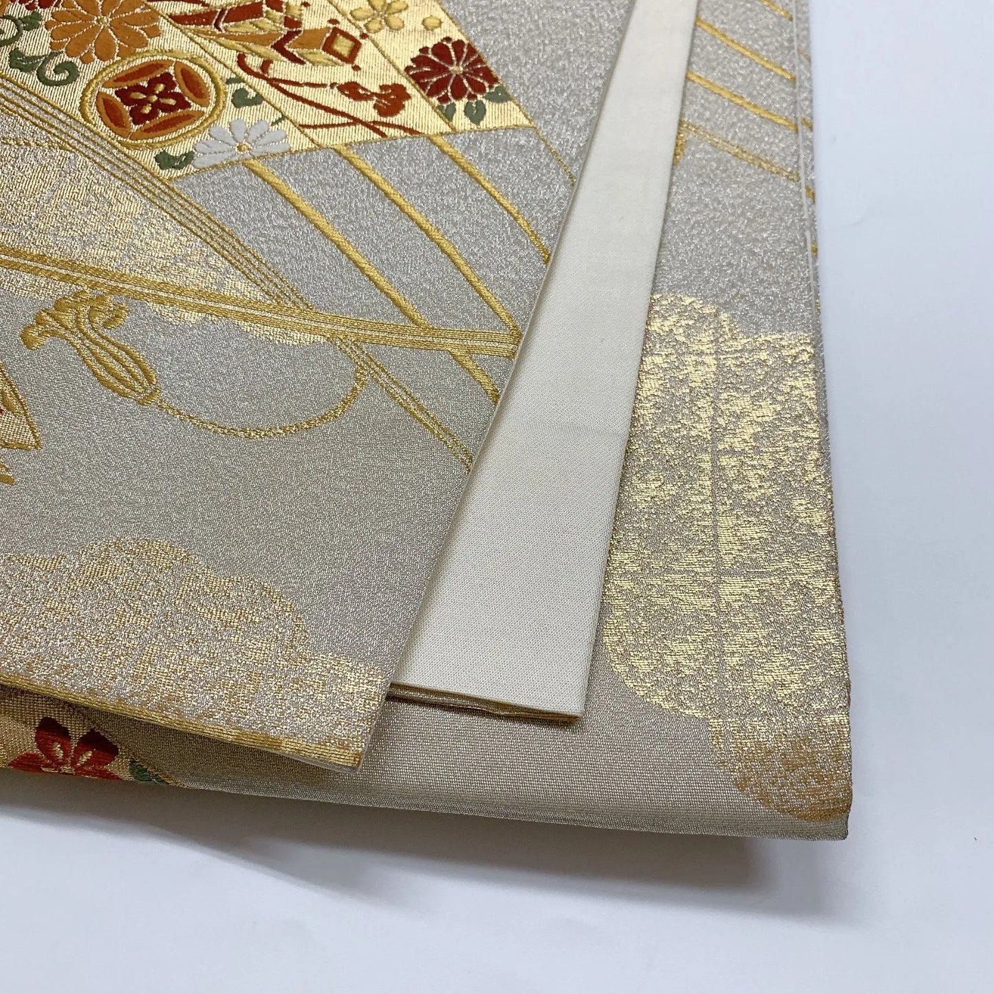 6908# Japanese Vintage Fukuro Obi Belt Kimono Fabric Silk Traditional Silver