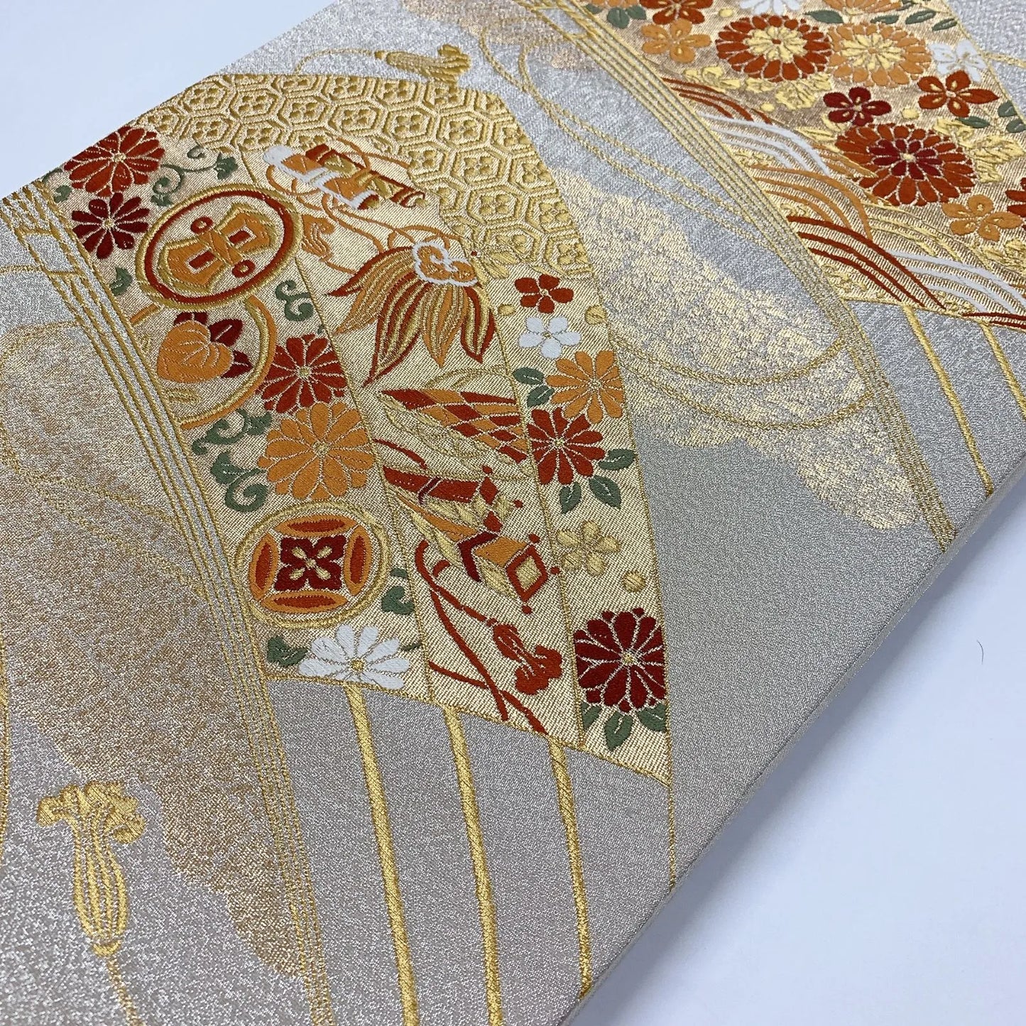 6908# Japanese Vintage Fukuro Obi Belt Kimono Fabric Silk Traditional Silver