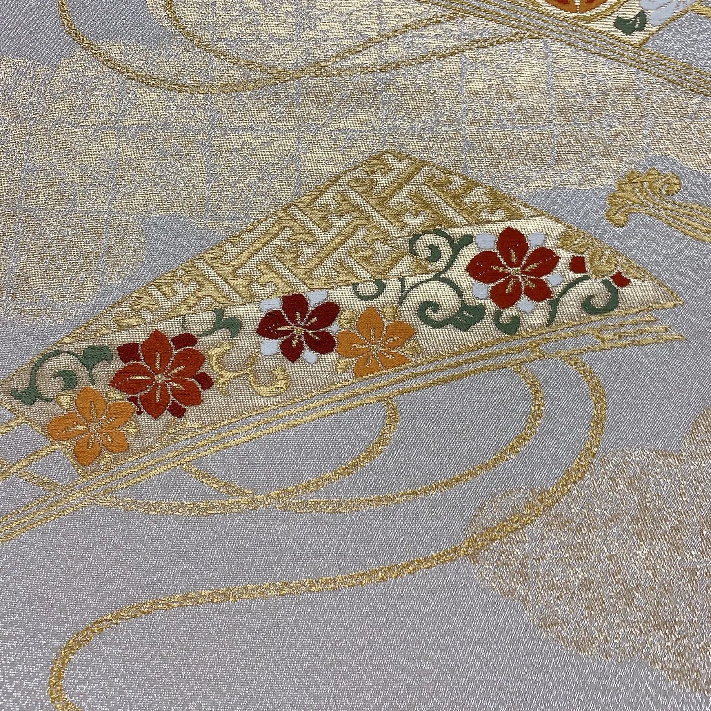 6908# Japanese Vintage Fukuro Obi Belt Kimono Fabric Silk Traditional Silver