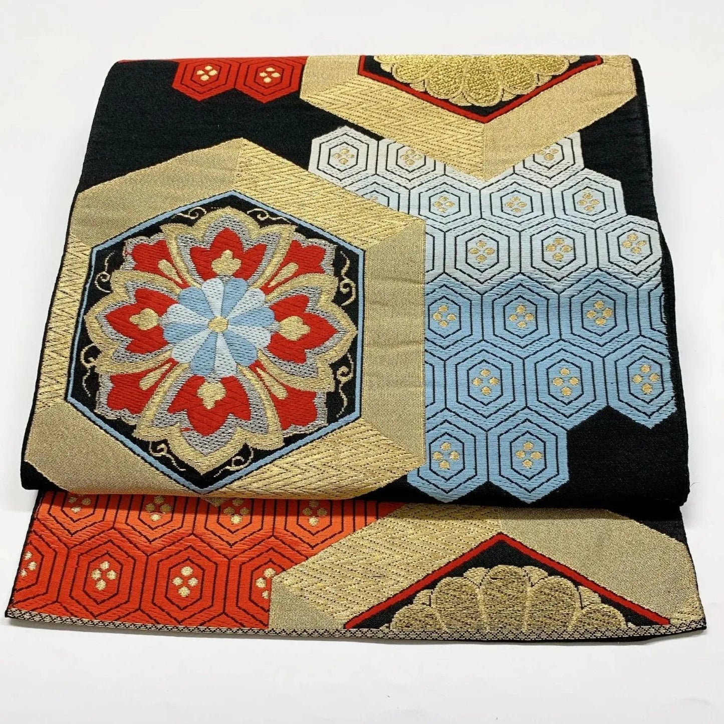 6907# Japanese Vintage Fukuro Obi Belt Kimono Fabric Silk Traditional Black