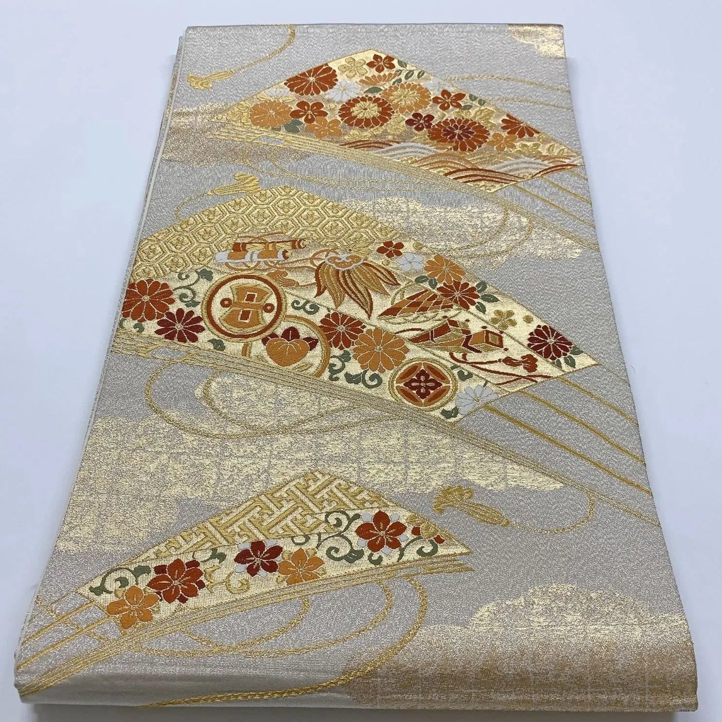 6908# Japanese Vintage Fukuro Obi Belt Kimono Fabric Silk Traditional Silver