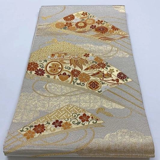 6908# Japanese Vintage Fukuro Obi Belt Kimono Fabric Silk Traditional Silver