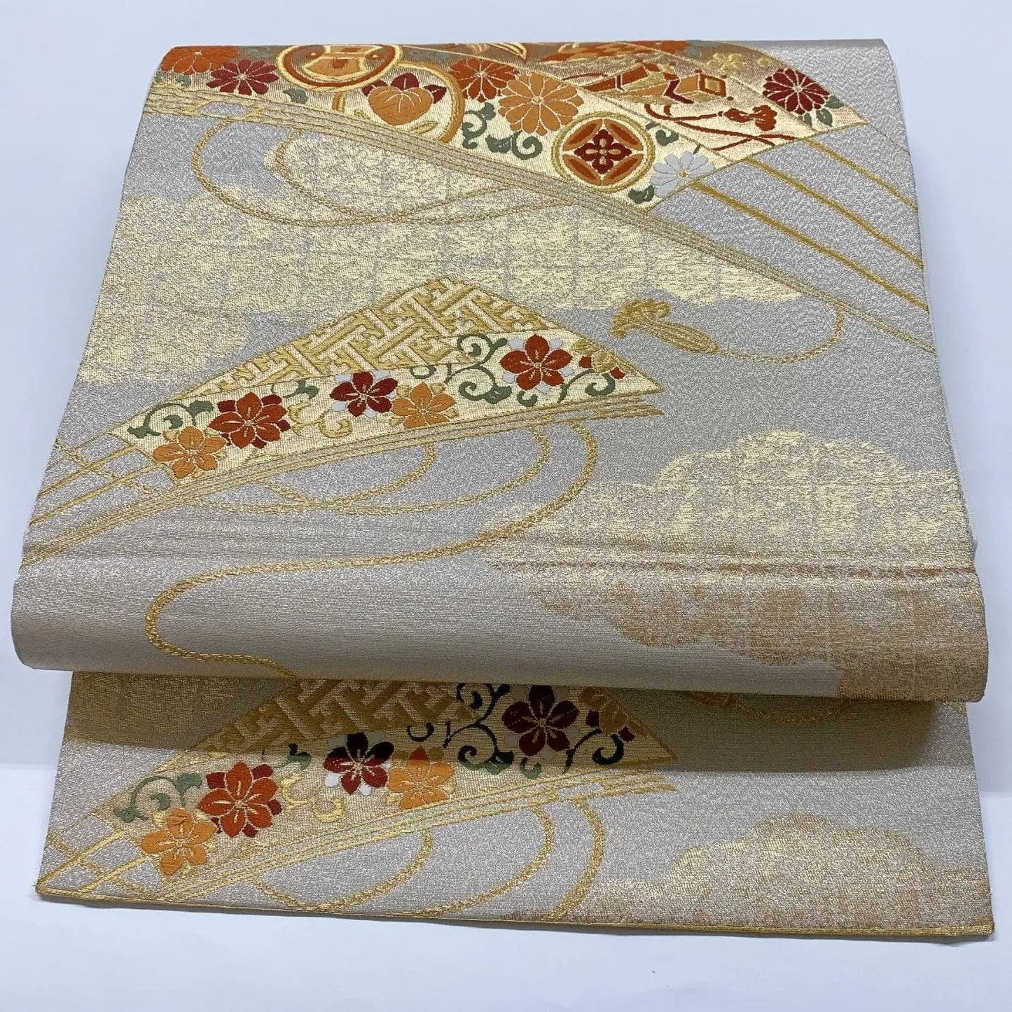 6908# Japanese Vintage Fukuro Obi Belt Kimono Fabric Silk Traditional Silver