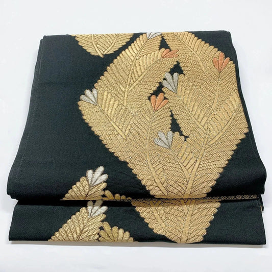 6914# Japanese Vintage Fukuro Obi Belt Kimono Fabric Silk Traditional Black
